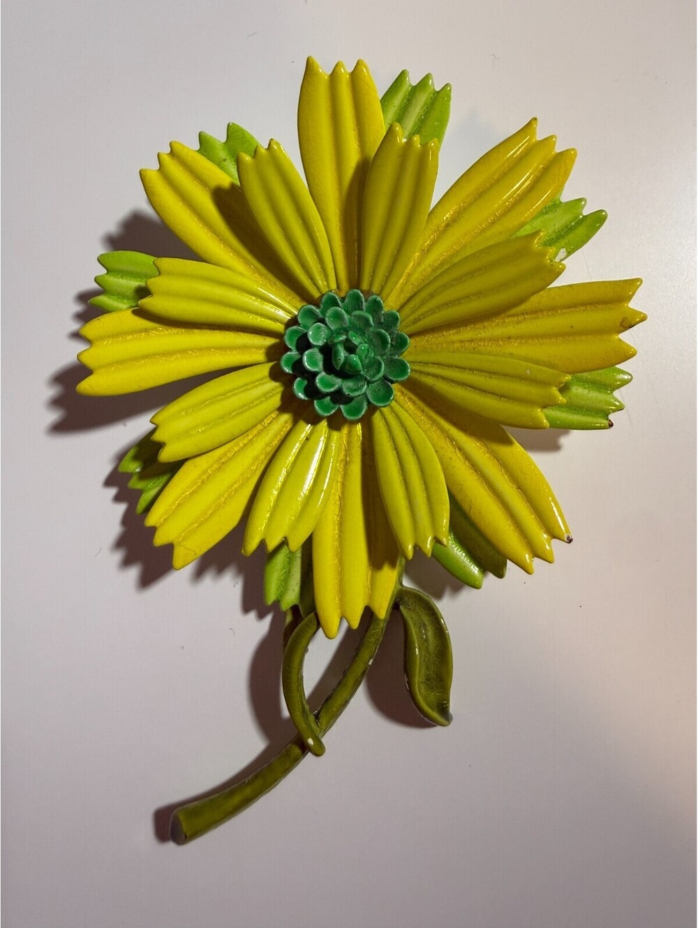 Vintage Enamel Flower Brooch - Large Yellow Green Metal 1960s MCM Floral Pin
